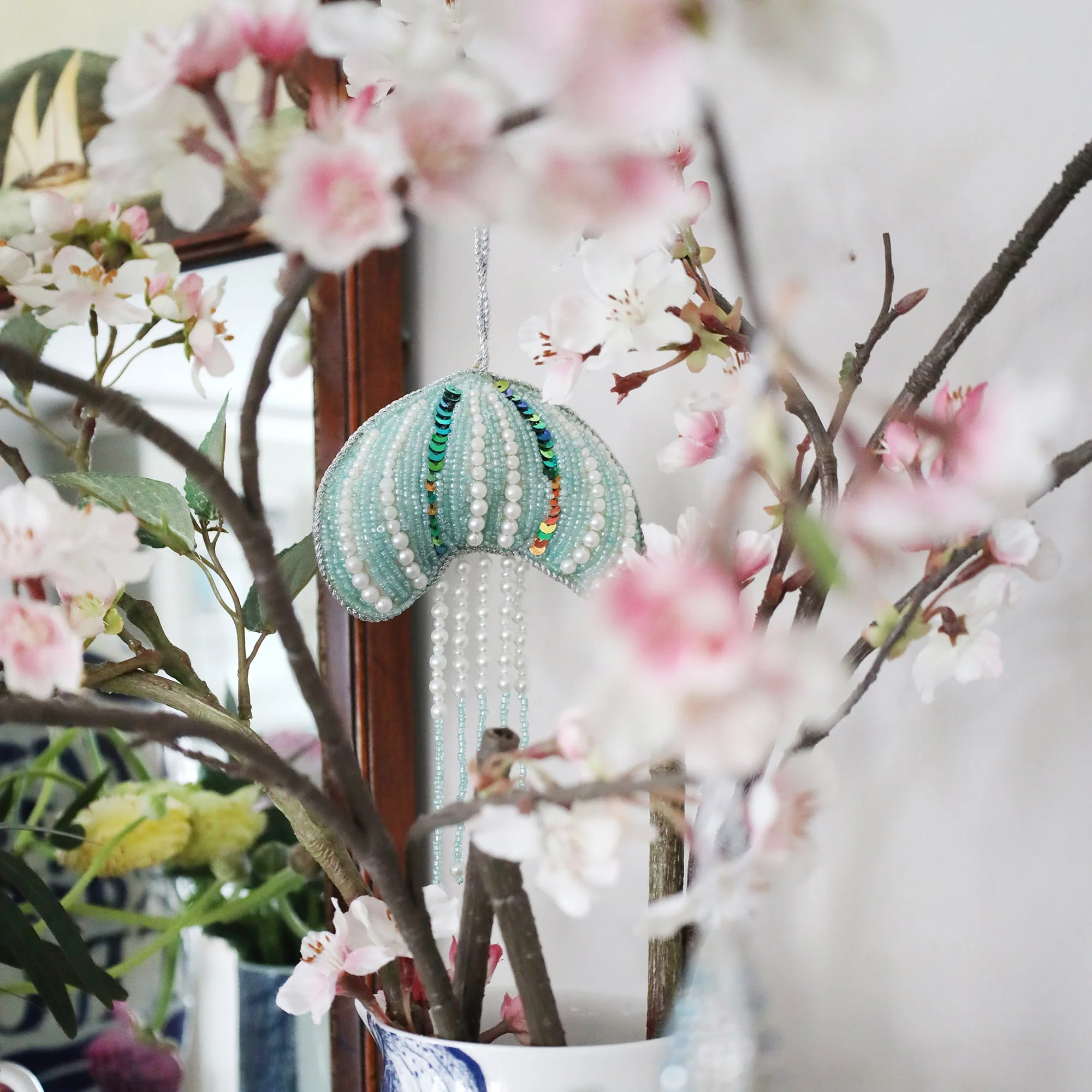 Beaded Aqua Jellyfish Hanging Decoration - Image 3
